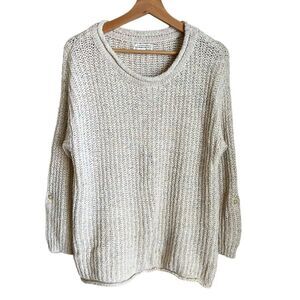 Anthropologie Cotton Knit Pullover Scoop Neck Sweater White Oversized Small